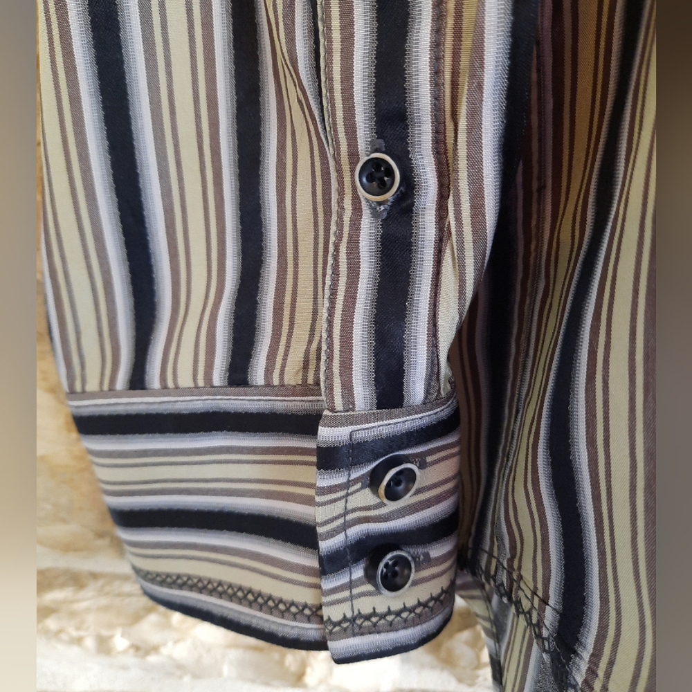 Tommy Bahama 100% Silk Button Down Long-Sleeve Shirt Stripe Black Tan Mens Sz XL - Picture 3 of 16